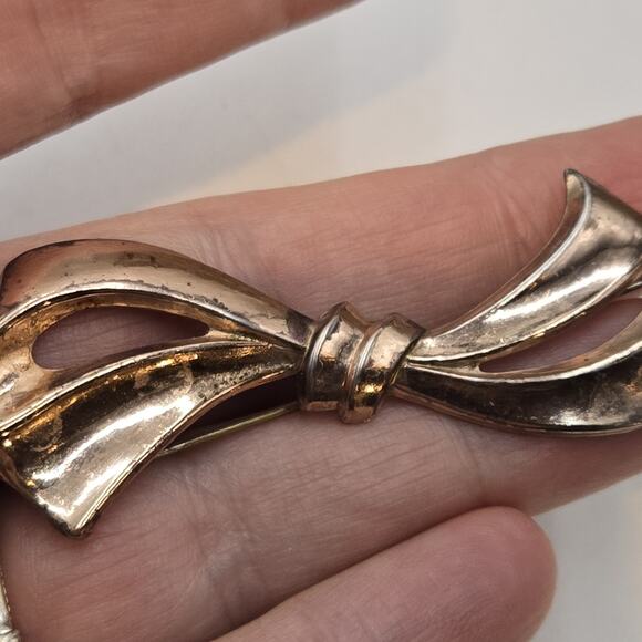 Vintage 1940s Vermeil 925 Sterling Silver Bow Design Pin Brooch Rose Gold - Picture 2 of 7